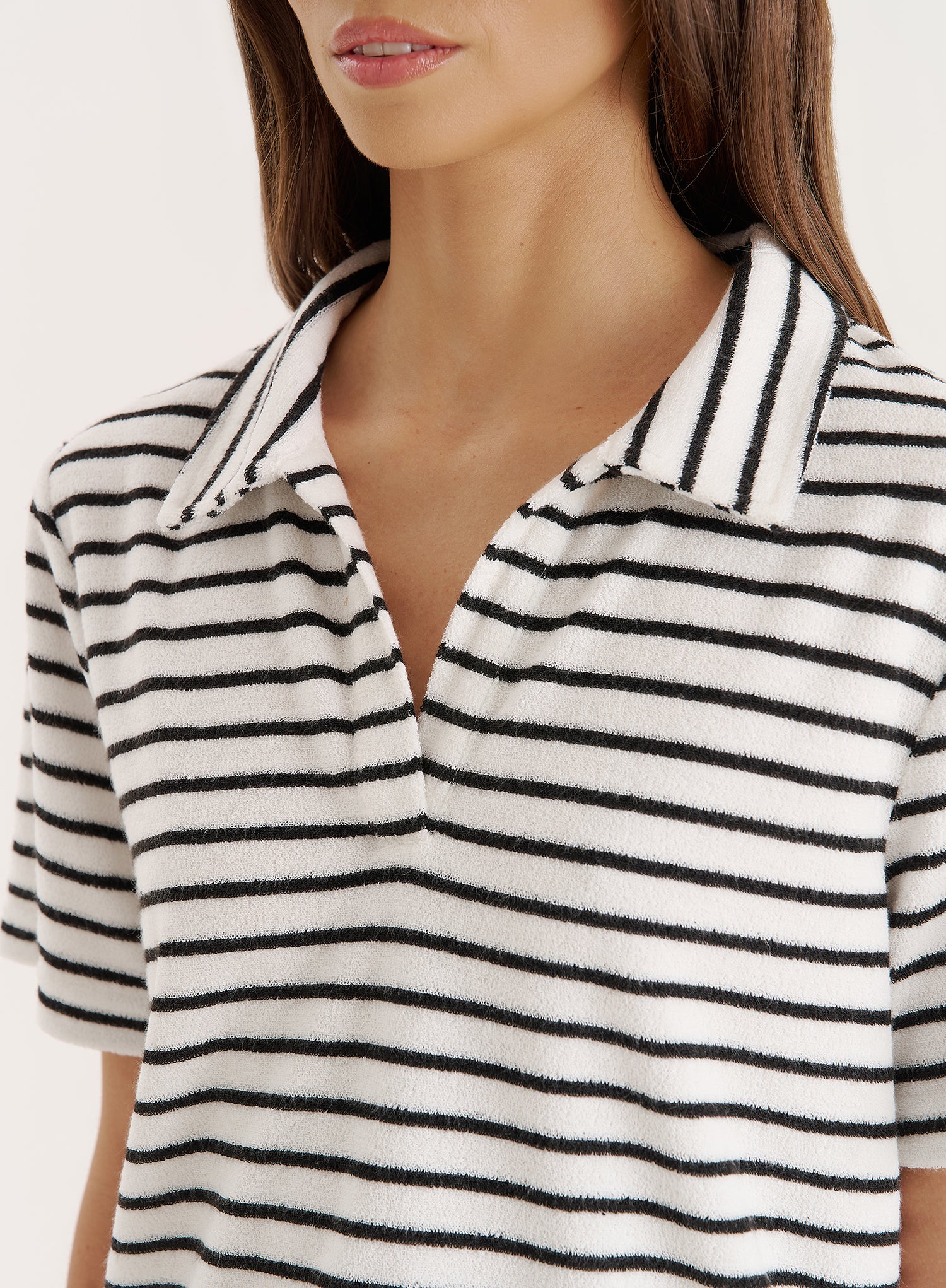 Black And White Stripe Towelling Short Sleeve Polo Top